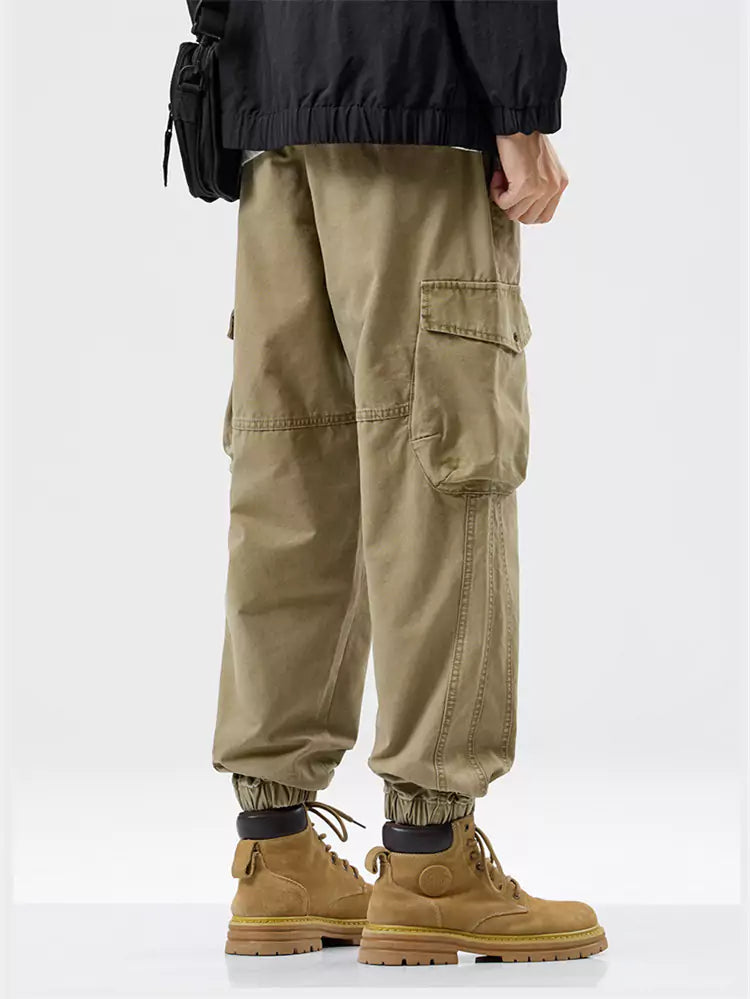 Cotton Vintage Cargo Pants with Large Pockets and Cuffed Hem