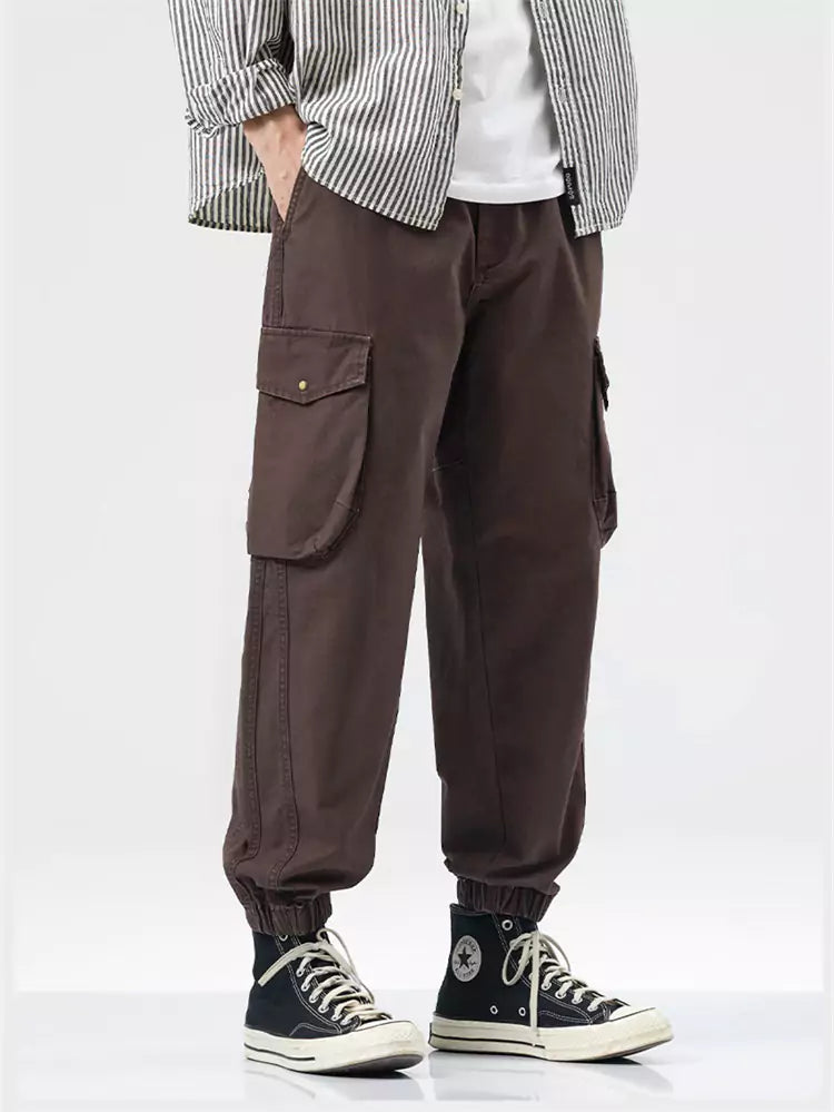 Cotton Vintage Cargo Pants with Large Pockets and Cuffed Hem
