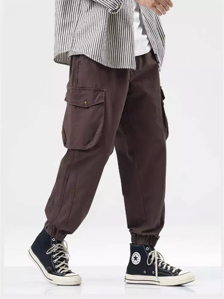 Cotton Vintage Cargo Pants with Large Pockets and Cuffed Hem