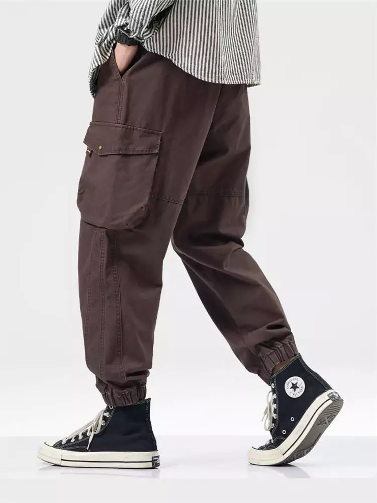 Cotton Vintage Cargo Pants with Large Pockets and Cuffed Hem