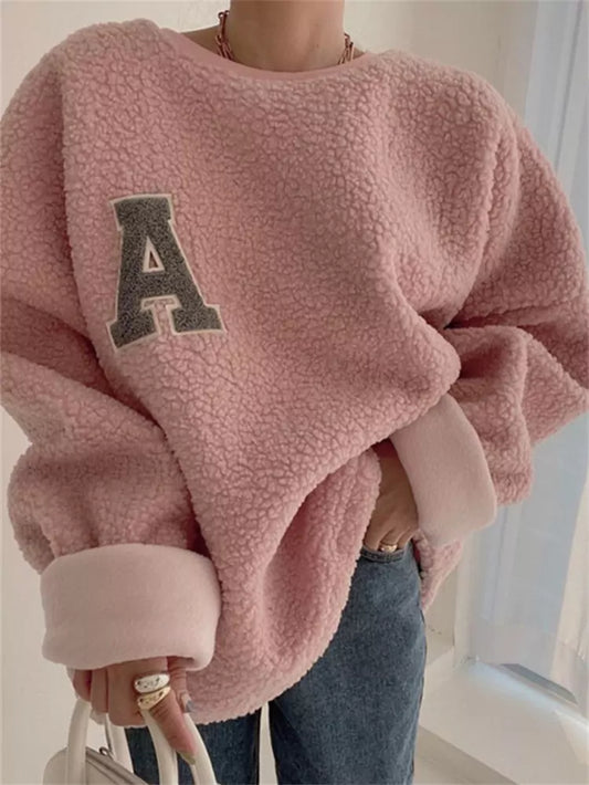 Cozy Embroidered Letter Oversized Wool Sweatshirt