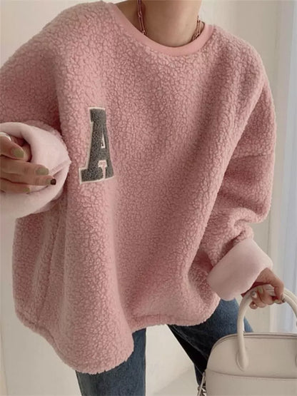 Cozy Embroidered Letter Oversized Wool Sweatshirt