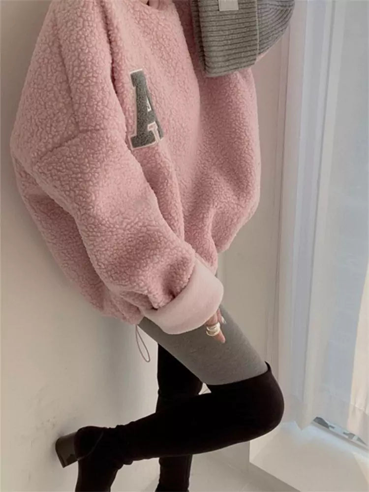 Cozy Embroidered Letter Oversized Wool Sweatshirt