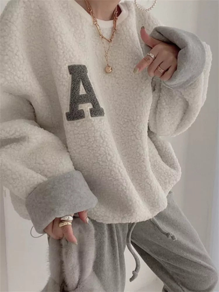 Cozy Embroidered Letter Oversized Wool Sweatshirt