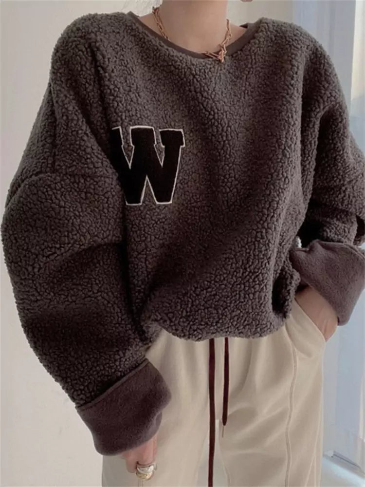 Cozy Embroidered Letter Oversized Wool Sweatshirt