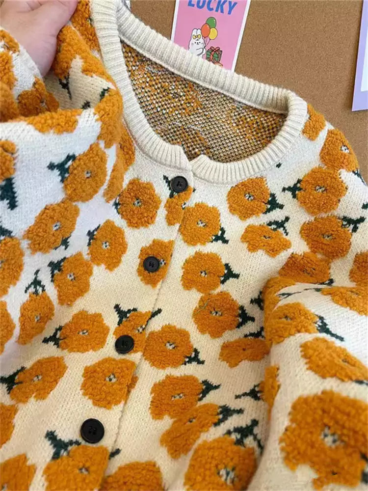 Cozy Floral Knit Cardigan with Soft Texture
