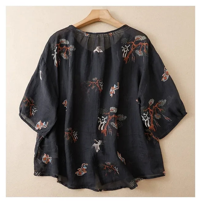 Crane Print Cotton Linen Half Sleeve Shirt - detail view