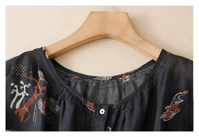 Crane Print Cotton Linen Half Sleeve Shirt - detail view