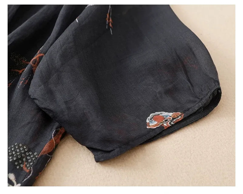 Crane Print Cotton Linen Half Sleeve Shirt - detail view