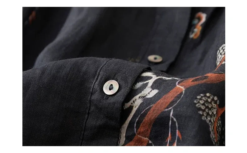 Crane Print Cotton Linen Half Sleeve Shirt - detail view