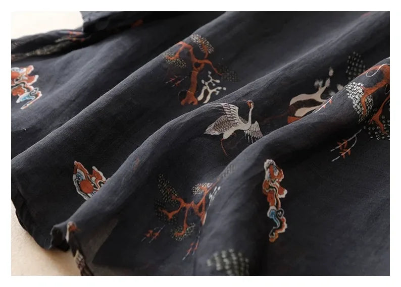 Crane Print Cotton Linen Half Sleeve Shirt - detail view
