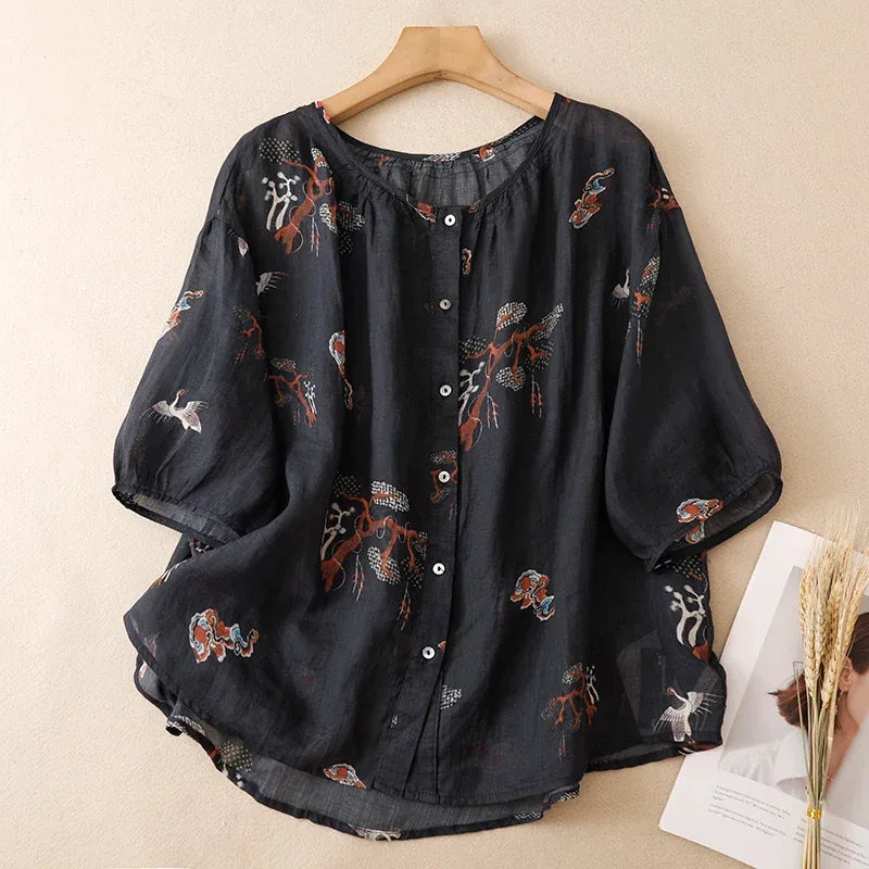 Crane Print Cotton Linen Half Sleeve Shirt - product view view