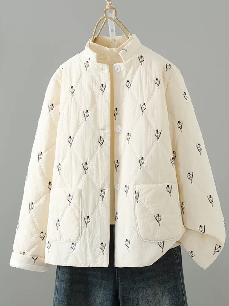 Cream Diamond Quilted Stand Collar Padded Jacket