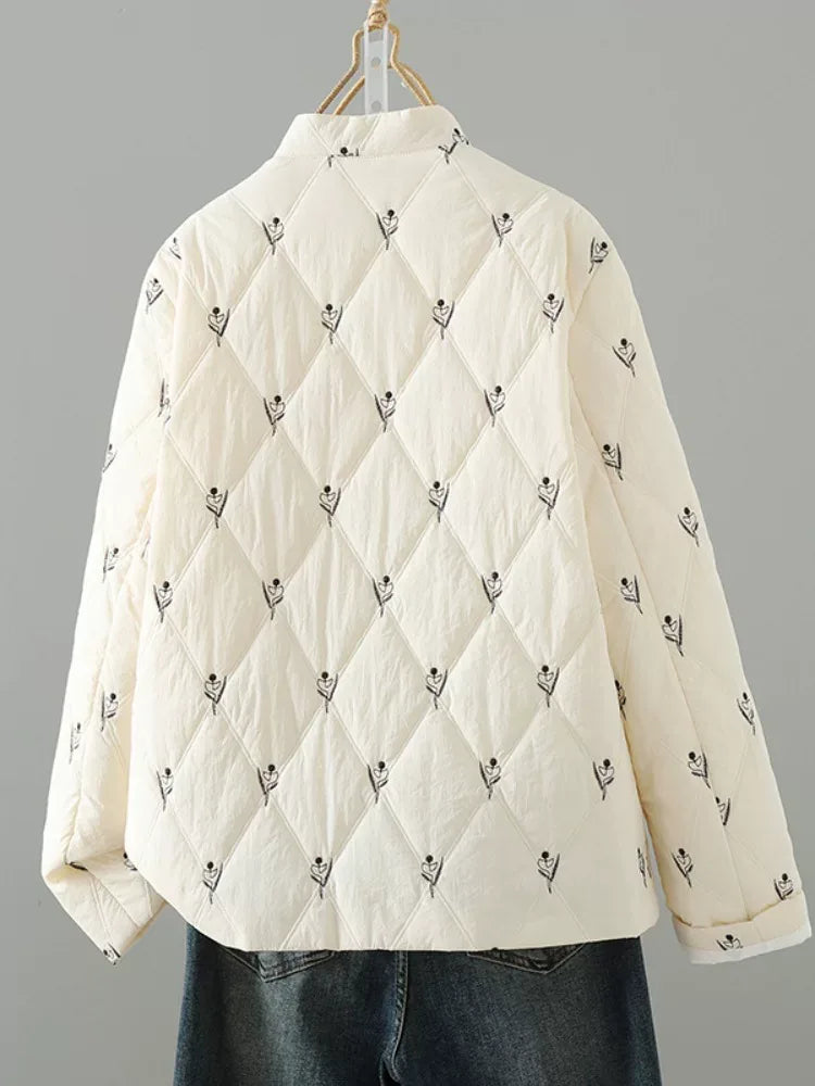Cream Diamond Quilted Stand Collar Padded Jacket