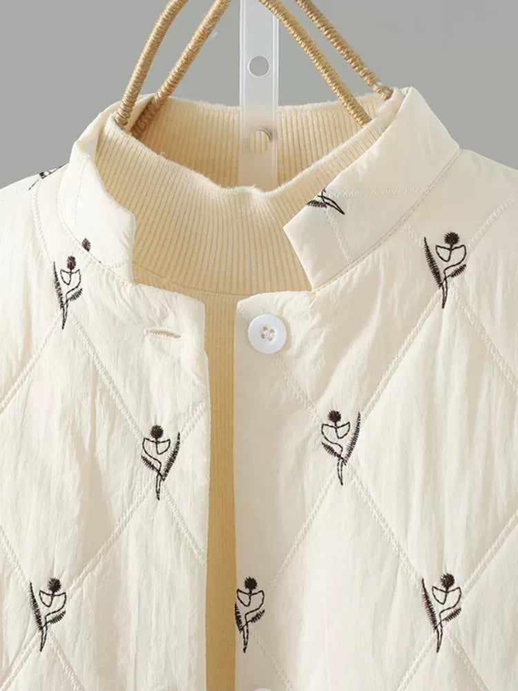 Cream Diamond Quilted Stand Collar Padded Jacket