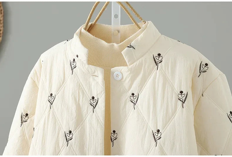 Cream Diamond Quilted Stand Collar Padded Jacket
