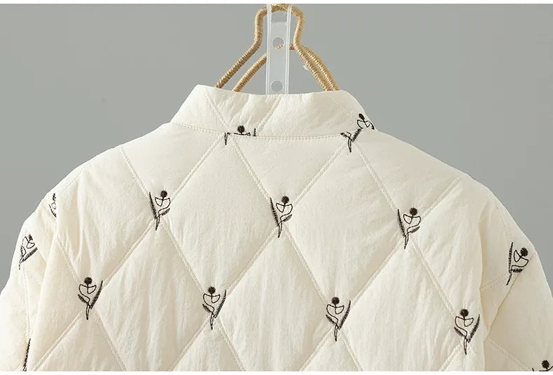 Cream Diamond Quilted Stand Collar Padded Jacket