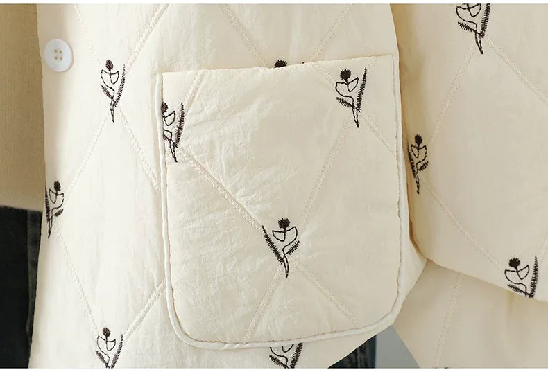 Cream Diamond Quilted Stand Collar Padded Jacket
