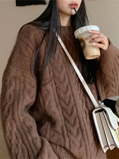 Crew Neck Cable Knit Pullover Sweater