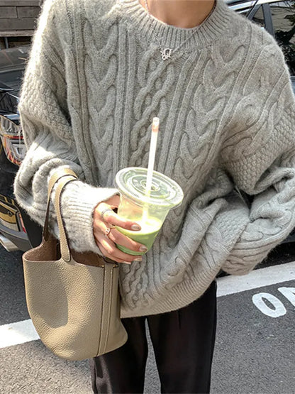 Crew Neck Cable Knit Pullover Sweater