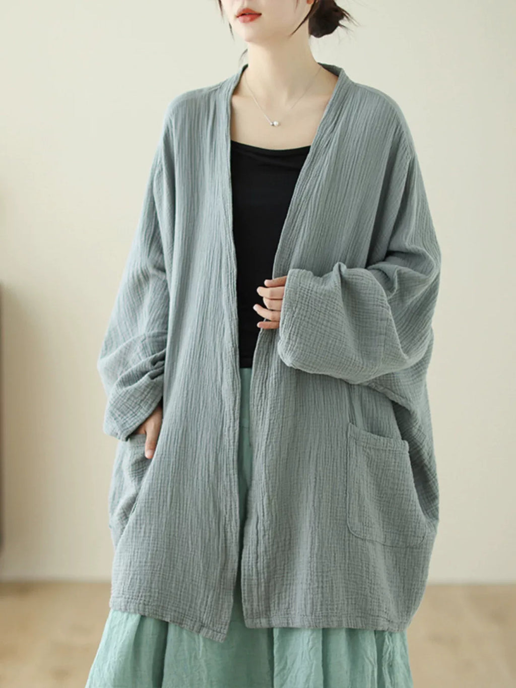 Crinkle Gauze Open Front Cotton Linen Cardigan