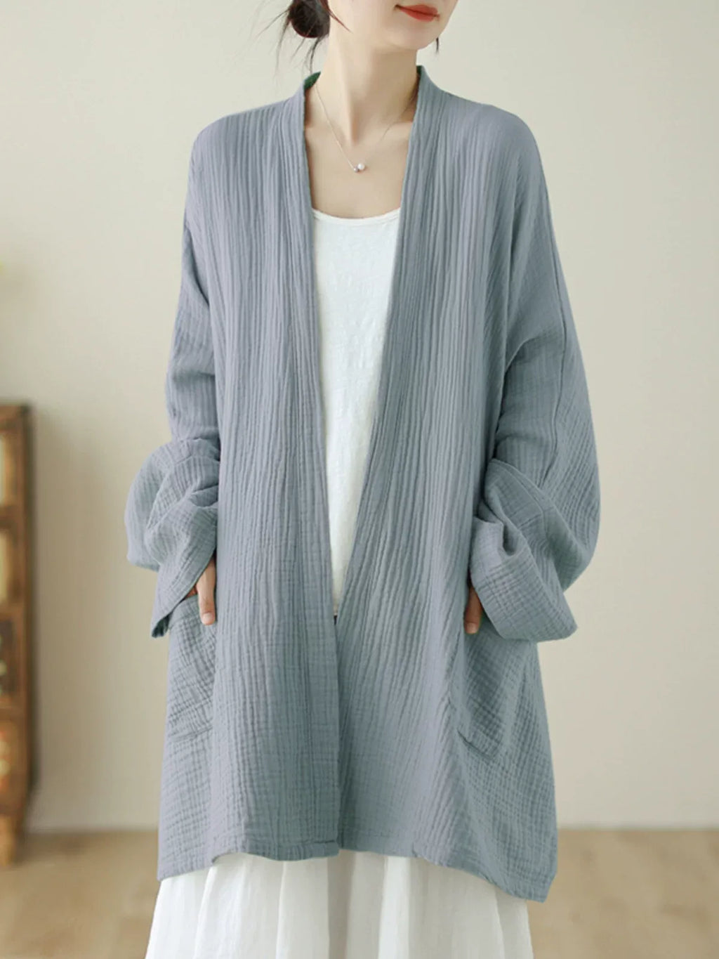 Crinkle Gauze Open Front Cotton Linen Cardigan