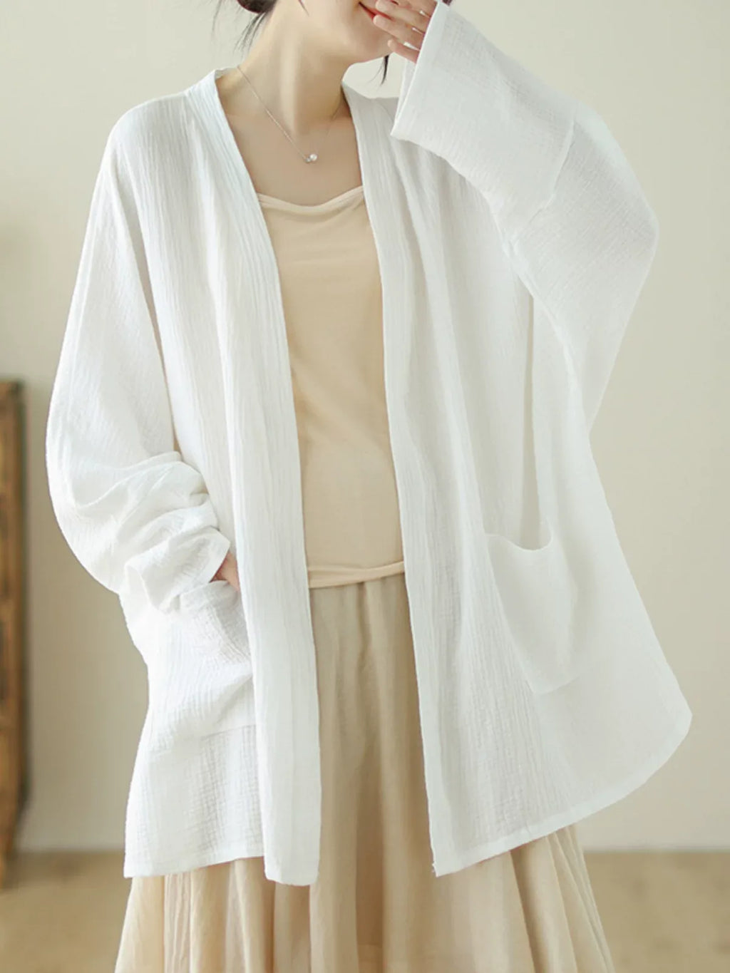 Crinkle Gauze Open Front Cotton Linen Cardigan