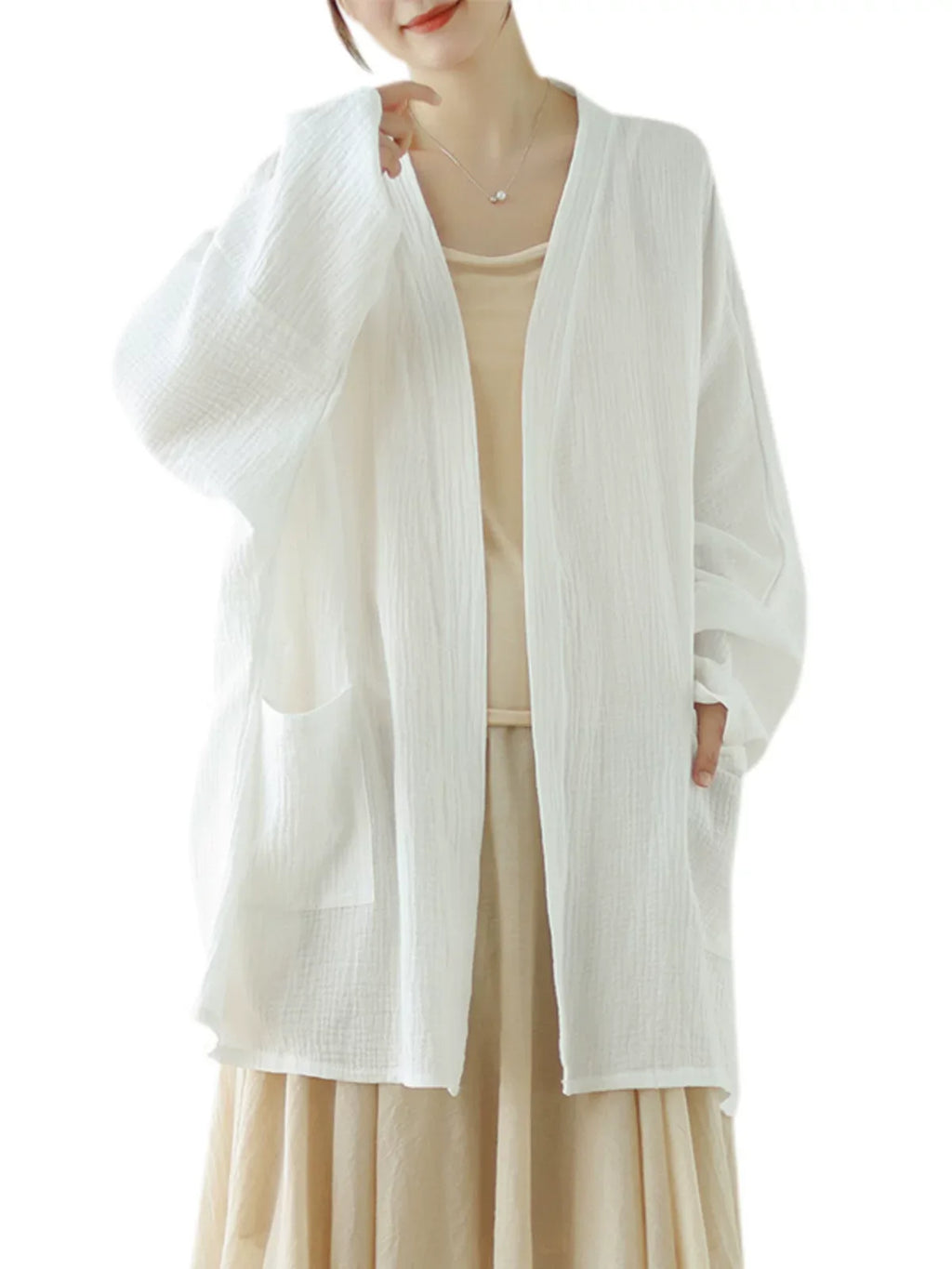 Crinkle Gauze Open Front Cotton Linen Cardigan
