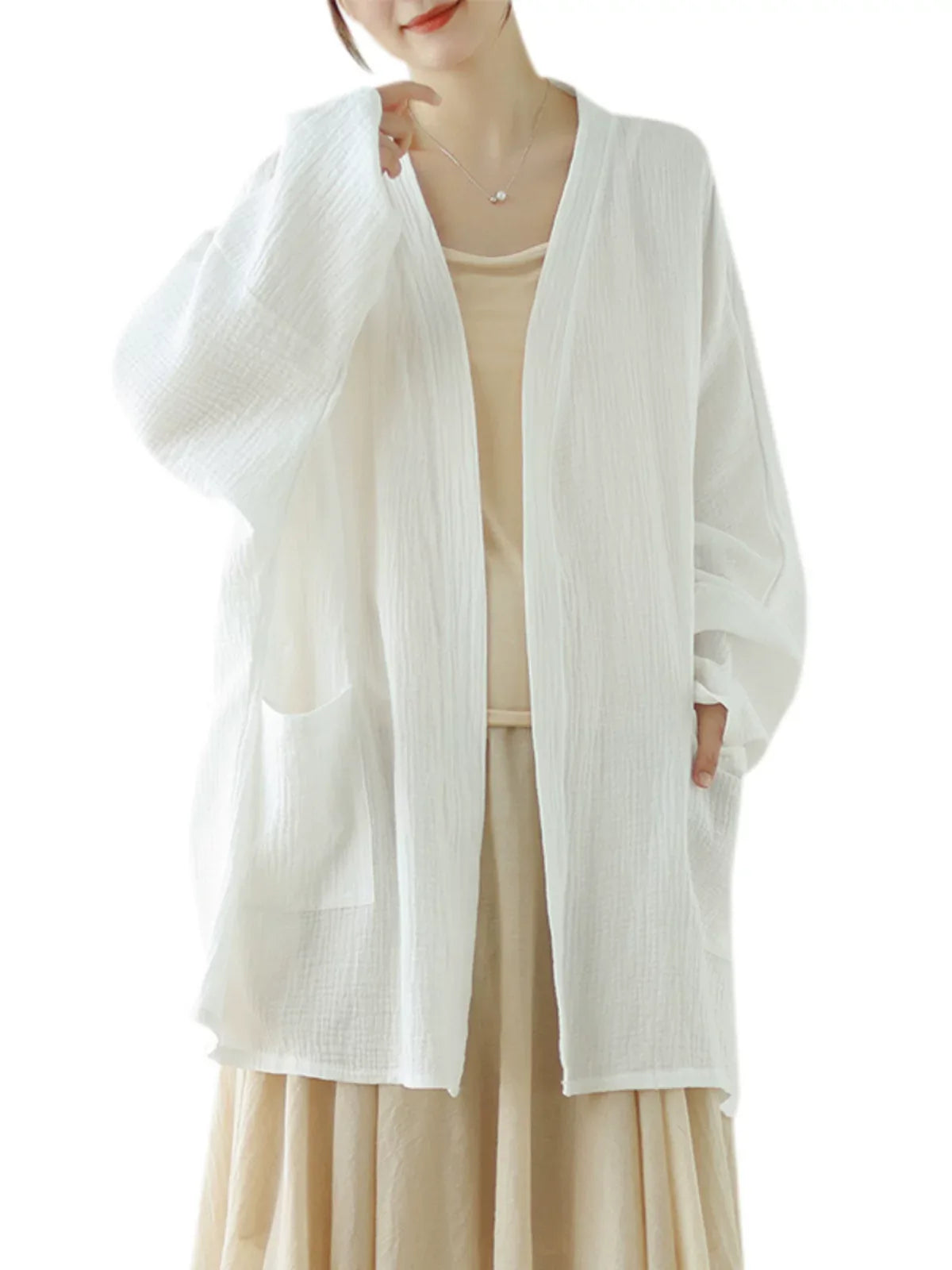 Crinkle Gauze Open Front Cotton Linen Cardigan