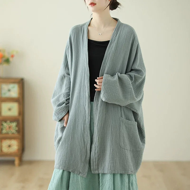 Crinkle Gauze Open Front Cotton Linen Cardigan - Green
