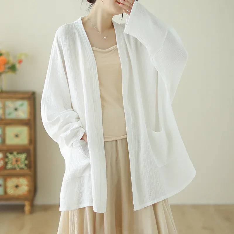 Crinkle Gauze Open Front Cotton Linen Cardigan - White