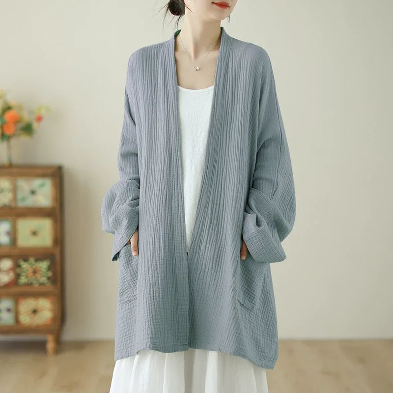 Crinkle Gauze Open Front Cotton Linen Cardigan - Gray
