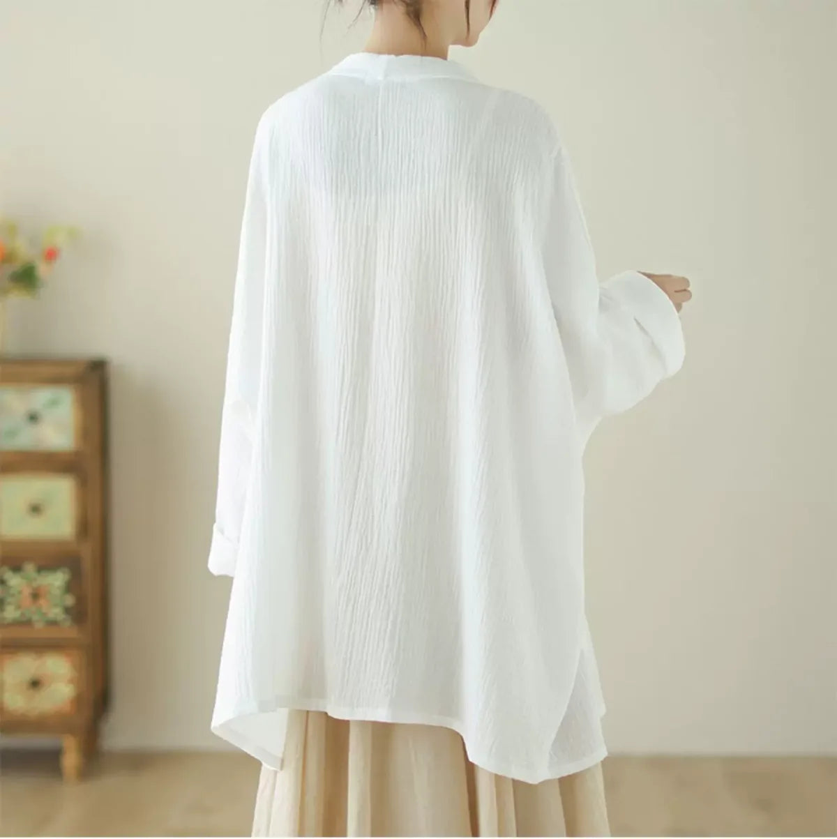 Crinkle Gauze Open Front Cotton Linen Cardigan