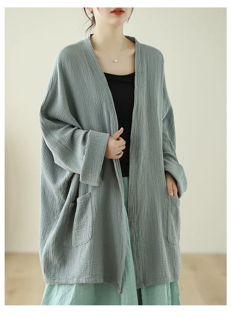 Crinkle Gauze Open Front Cotton Linen Cardigan