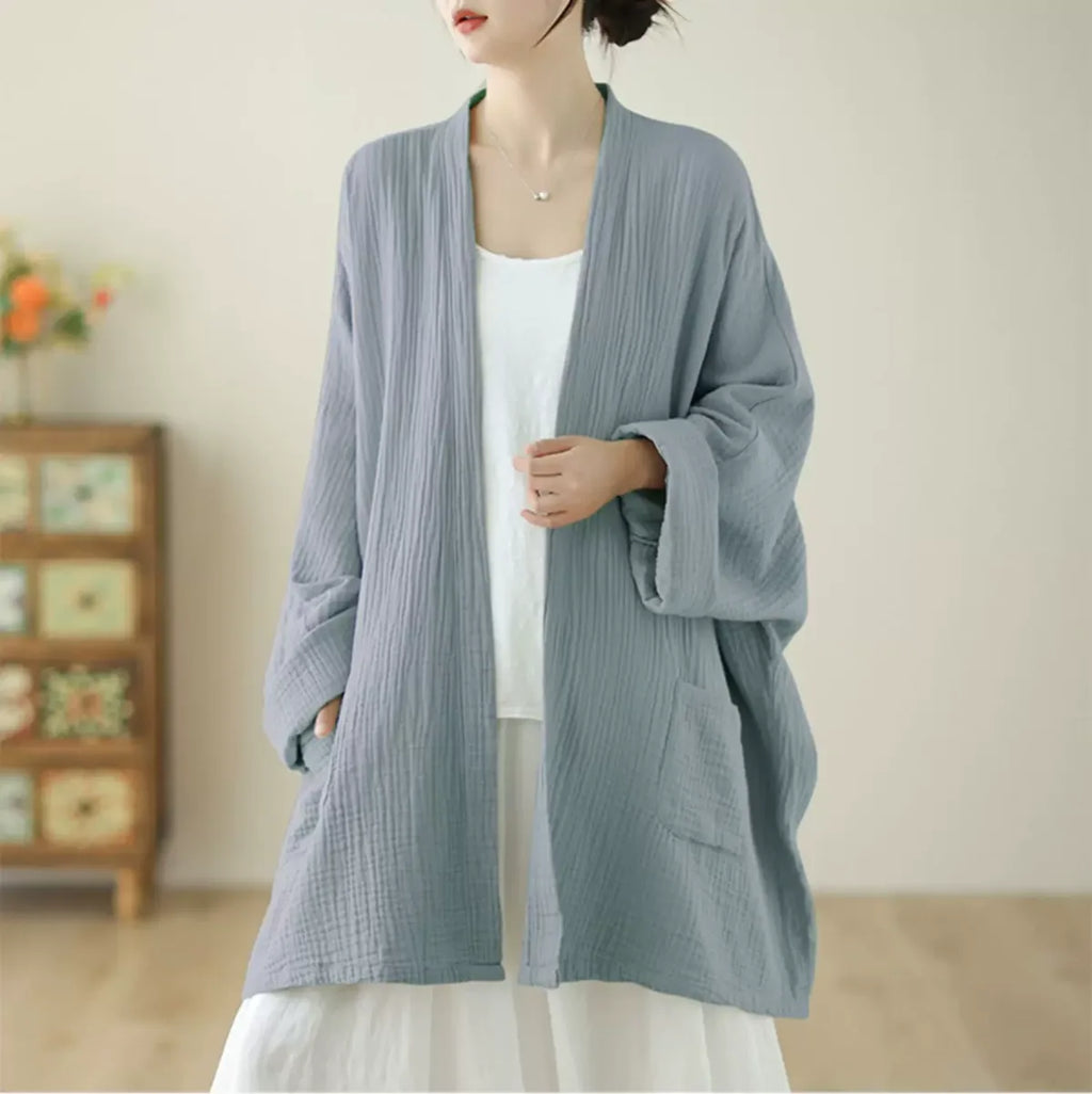 Crinkle Gauze Open Front Cotton Linen Cardigan