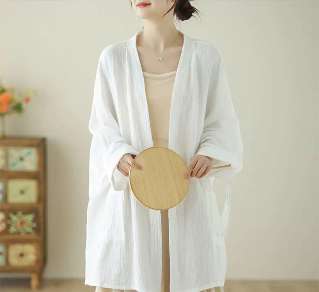 Crinkle Gauze Open Front Cotton Linen Cardigan