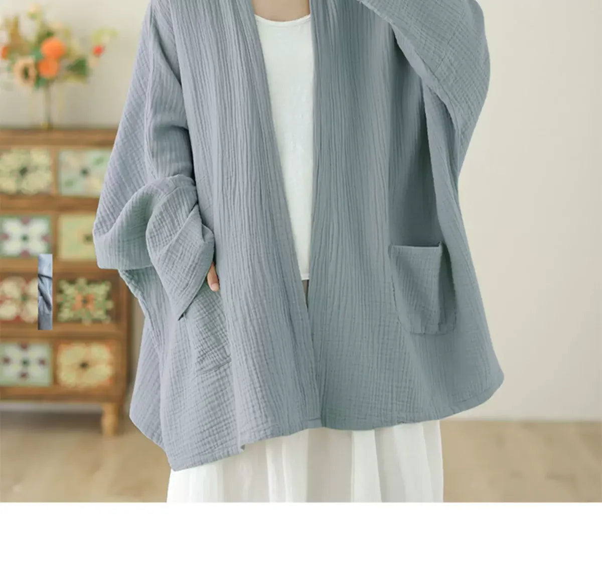 Crinkle Gauze Open Front Cotton Linen Cardigan