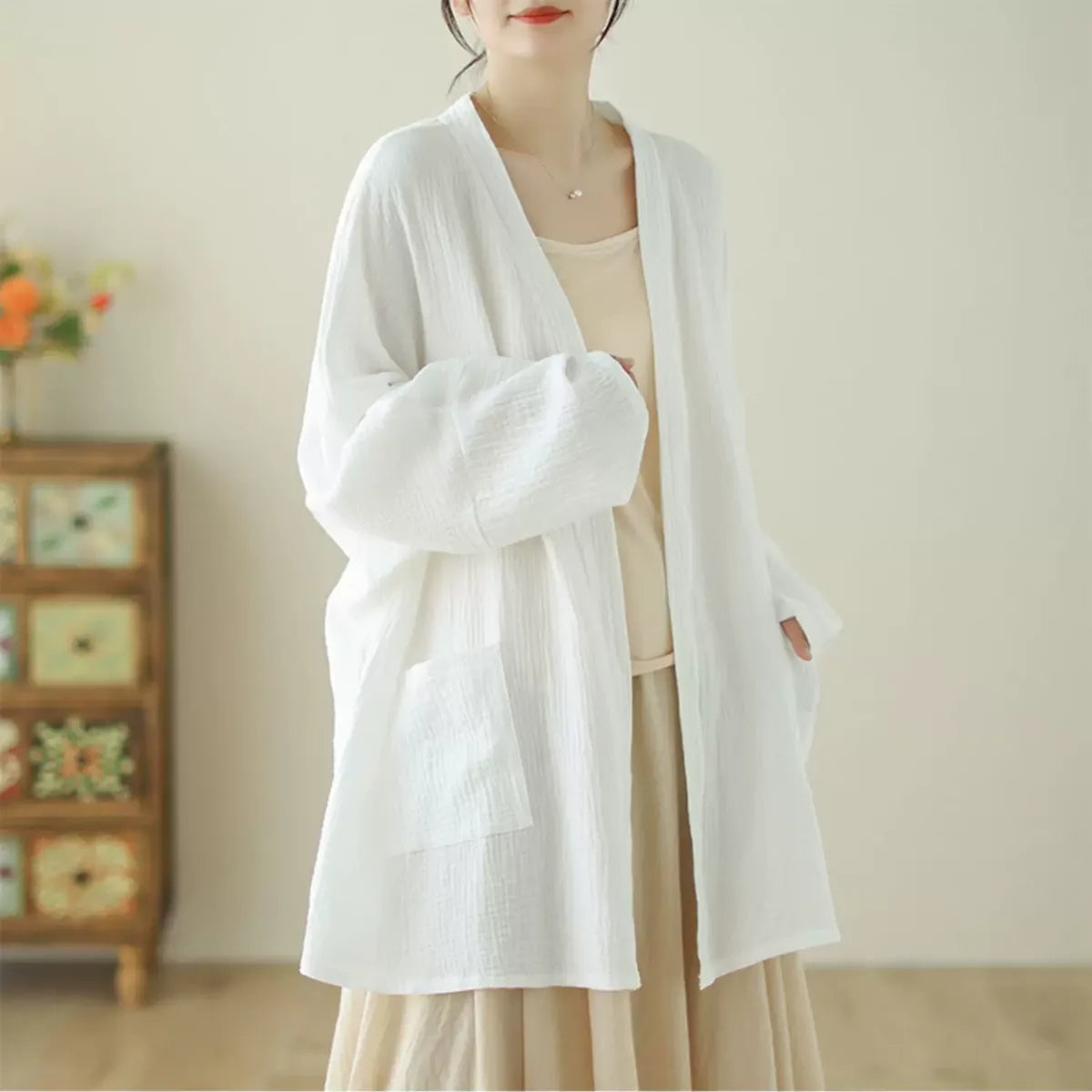 Crinkle Gauze Open Front Cotton Linen Cardigan
