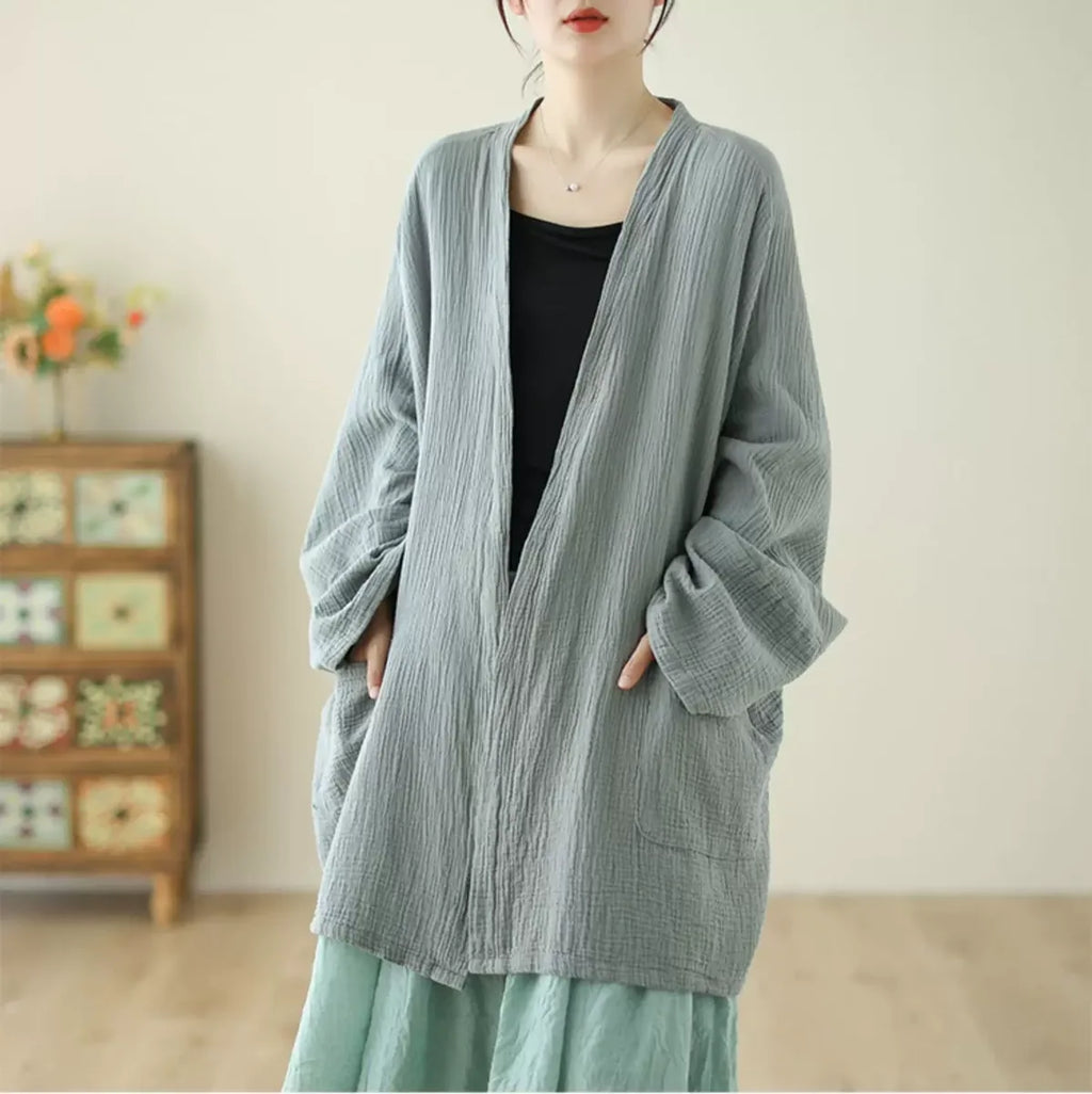 Crinkle Gauze Open Front Cotton Linen Cardigan