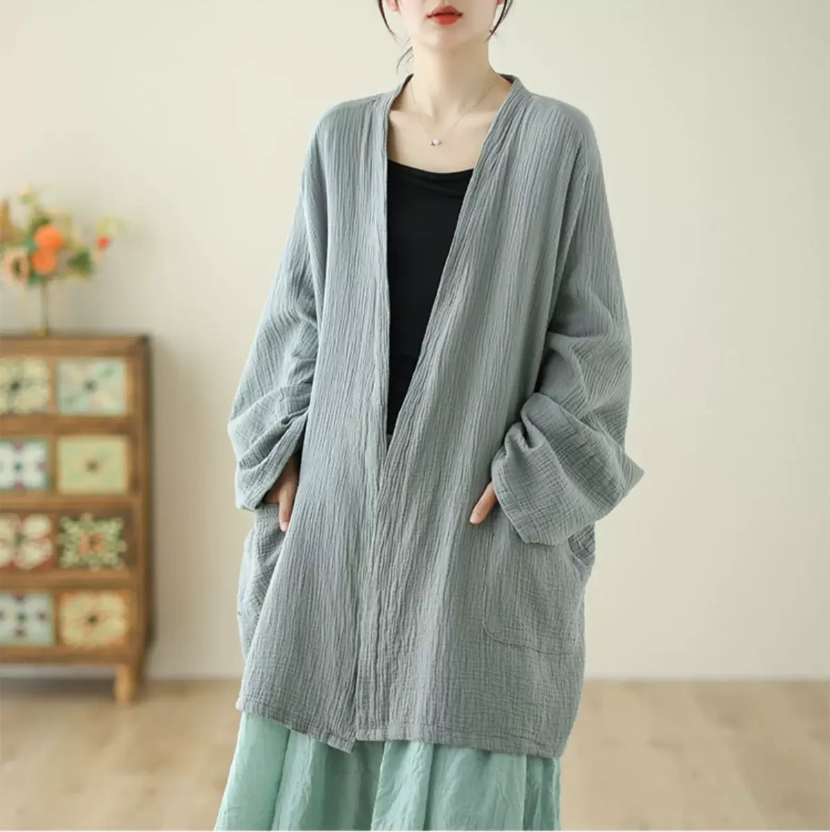 Crinkle Gauze Open Front Cotton Linen Cardigan