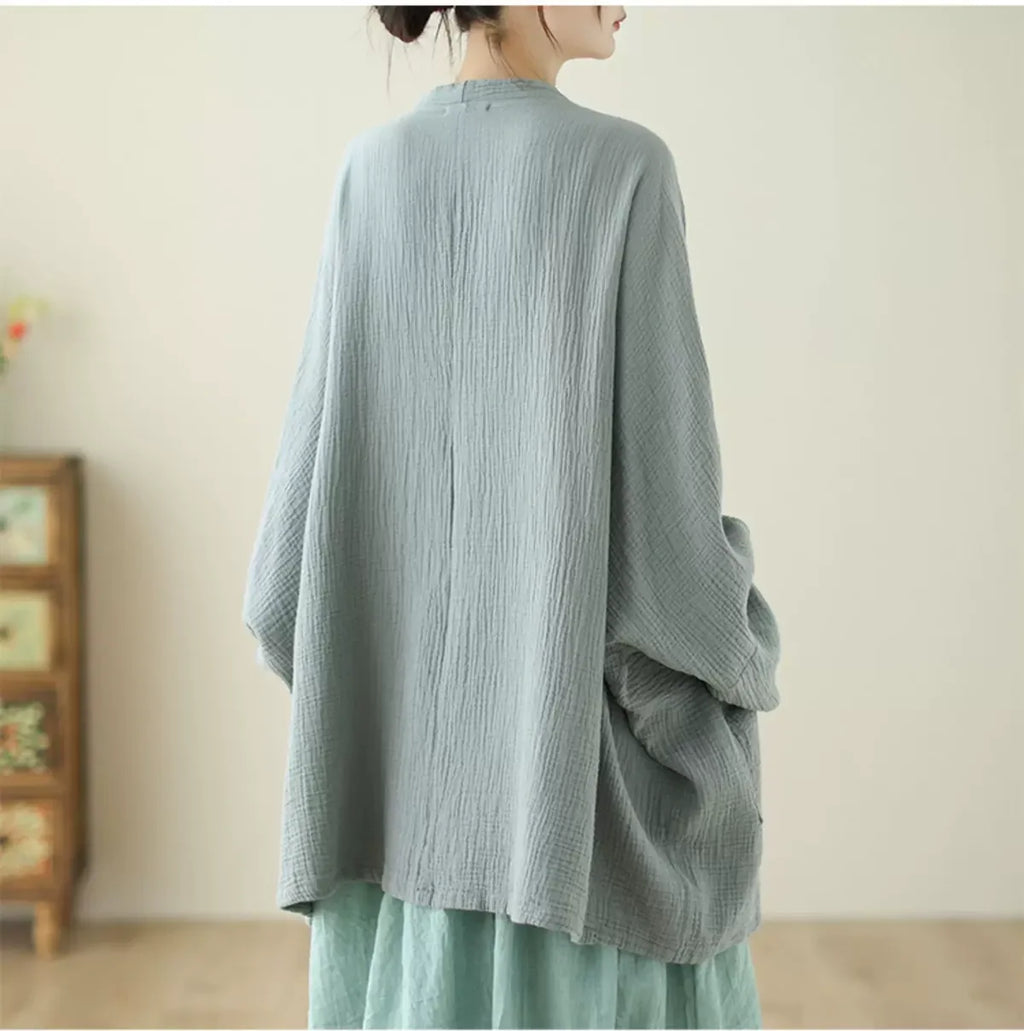 Crinkle Gauze Open Front Cotton Linen Cardigan