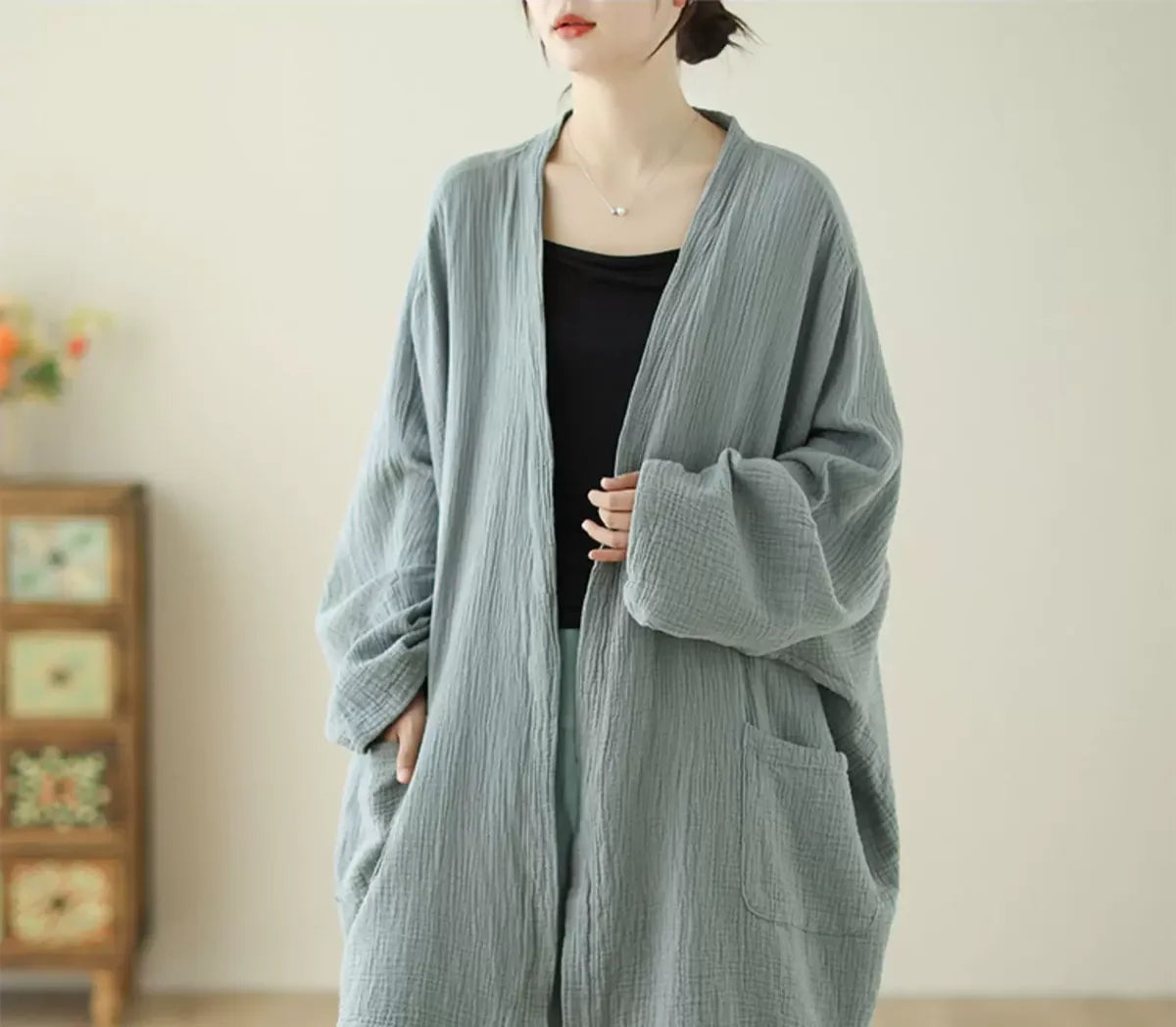 Crinkle Gauze Open Front Cotton Linen Cardigan