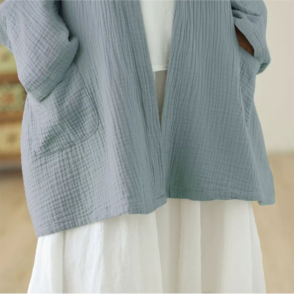 Crinkle Gauze Open Front Cotton Linen Cardigan