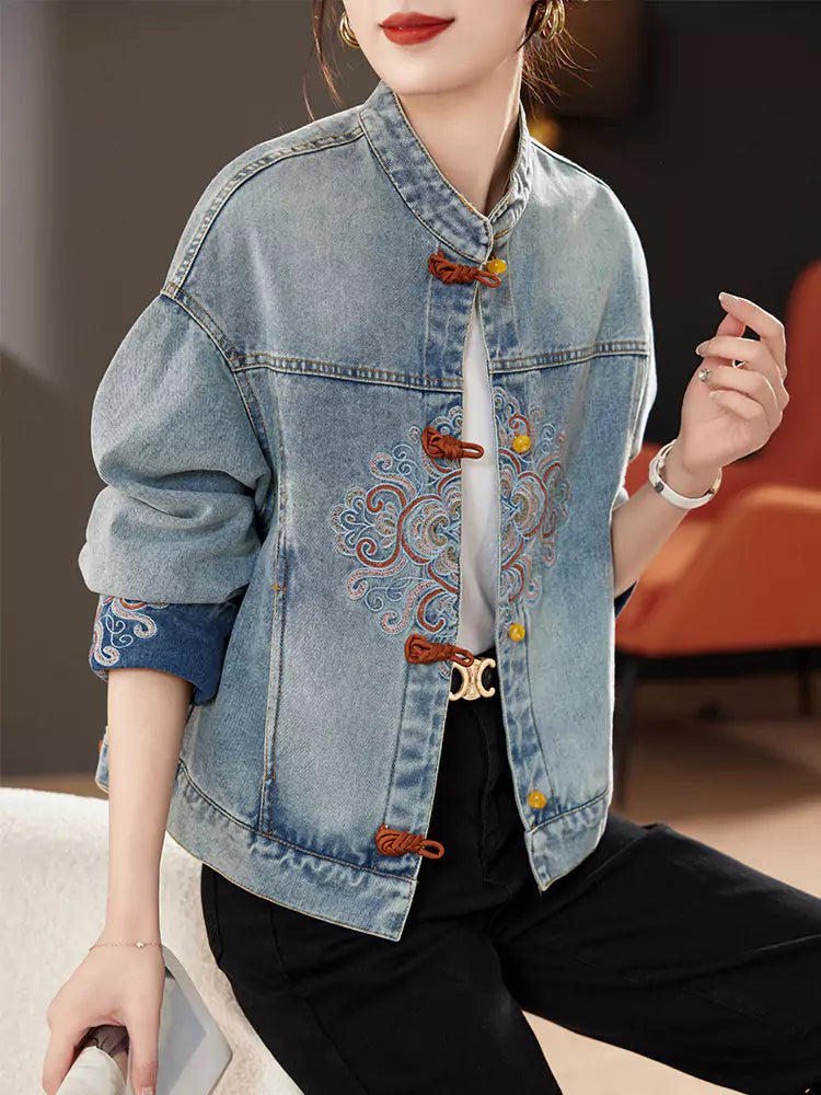 Short Denim Jacket with Chinese Embellishments