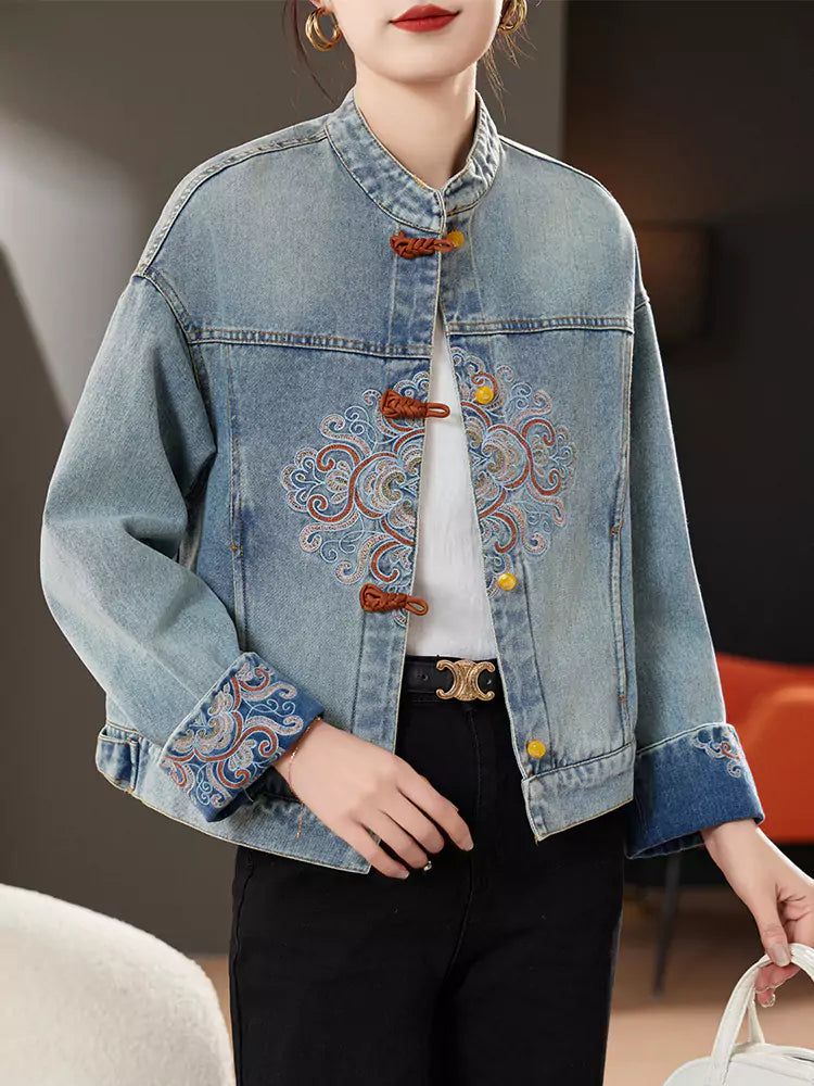 Short Denim Jacket with Chinese Embellishments