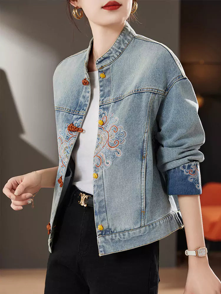 Short Denim Jacket with Chinese Embellishments