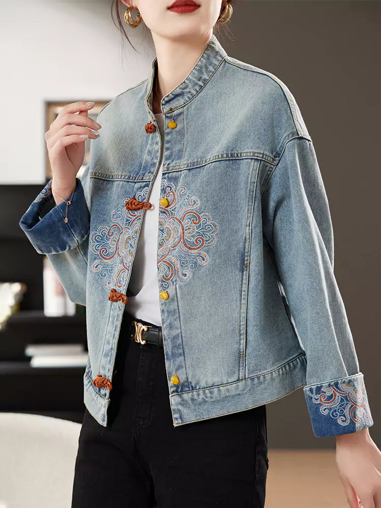 Short Denim Jacket with Chinese Embellishments