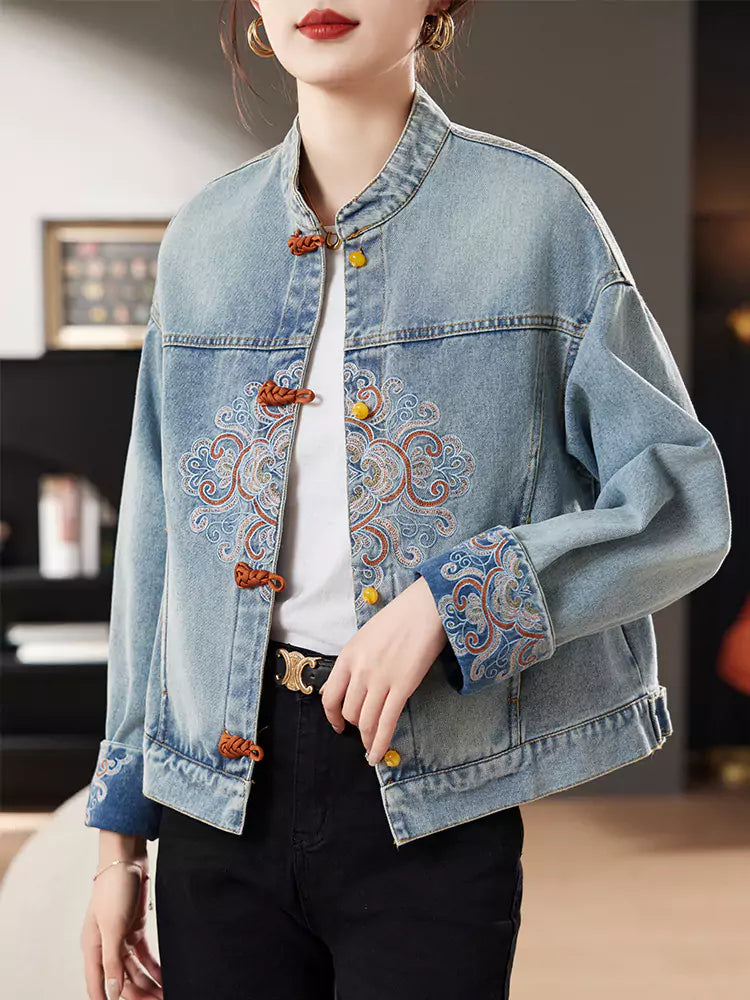 Short Denim Jacket with Chinese Embellishments