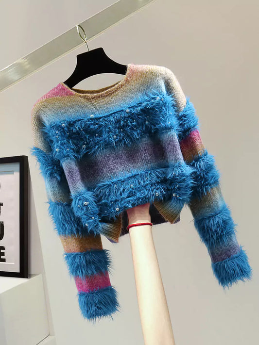 Cropped Tie-Dye Mohair Sweater with Beading