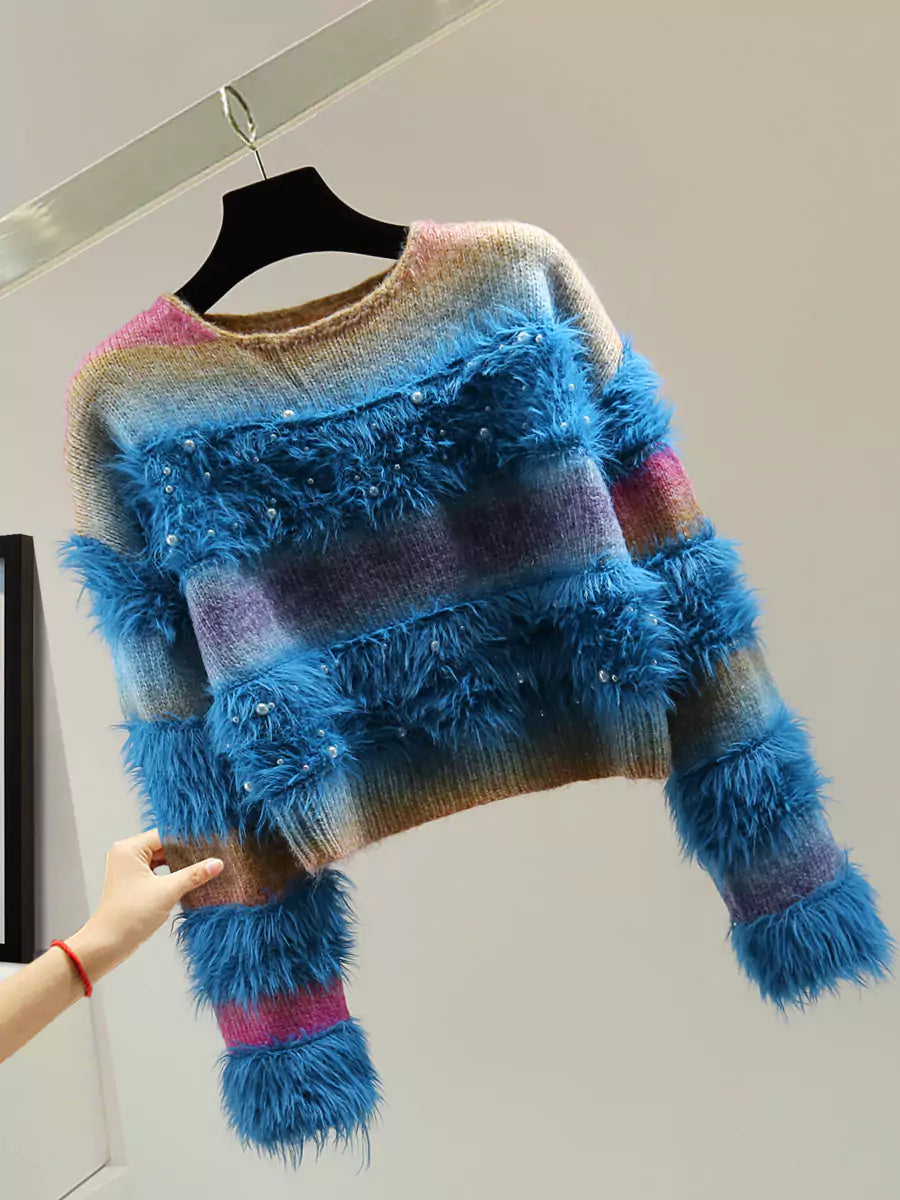 Kurzer Batik-Mohairpullover mit Perlenstickerei